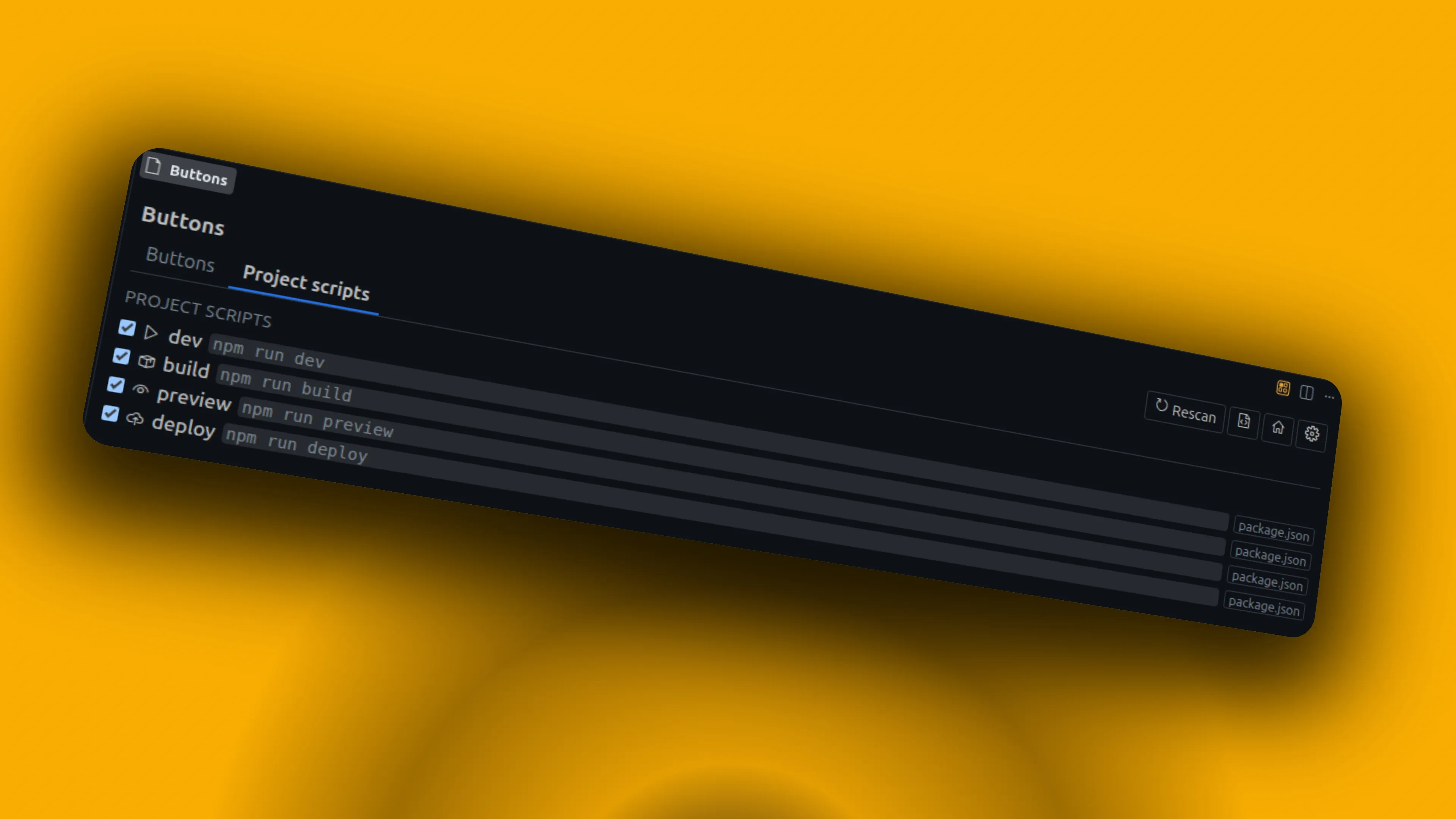 The Project scripts tab with checkboxes for npm run dev, build, preview, and deploy from package.json.