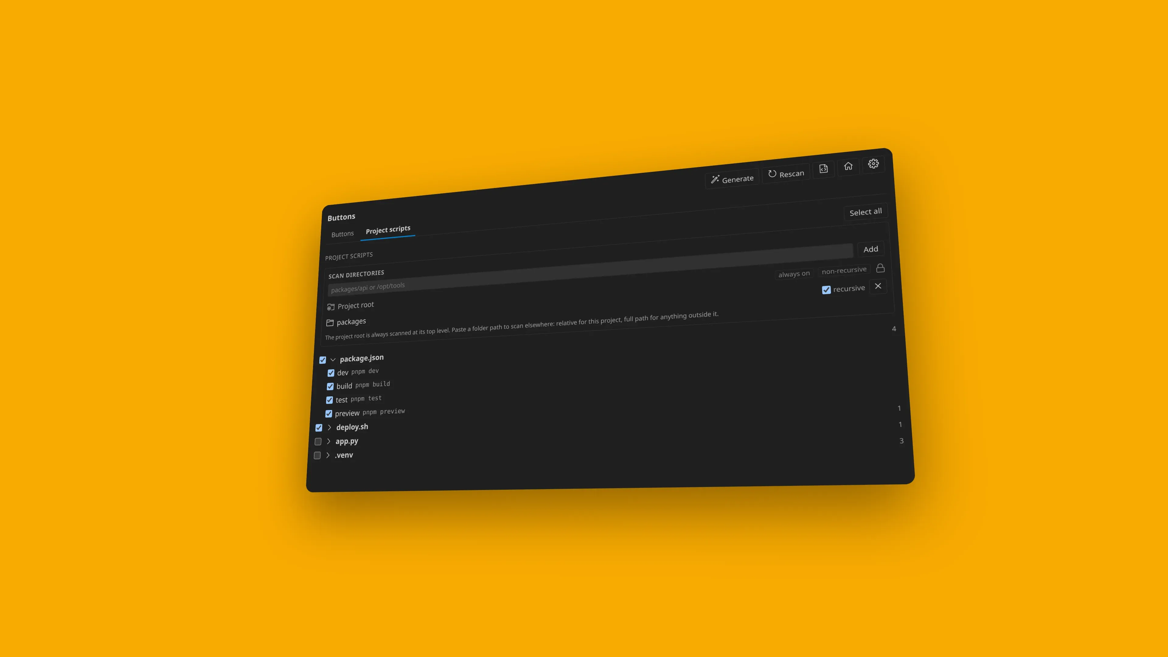 The Project scripts tab with scan directories, grouped package.json scripts, a shell file, and venv actions.