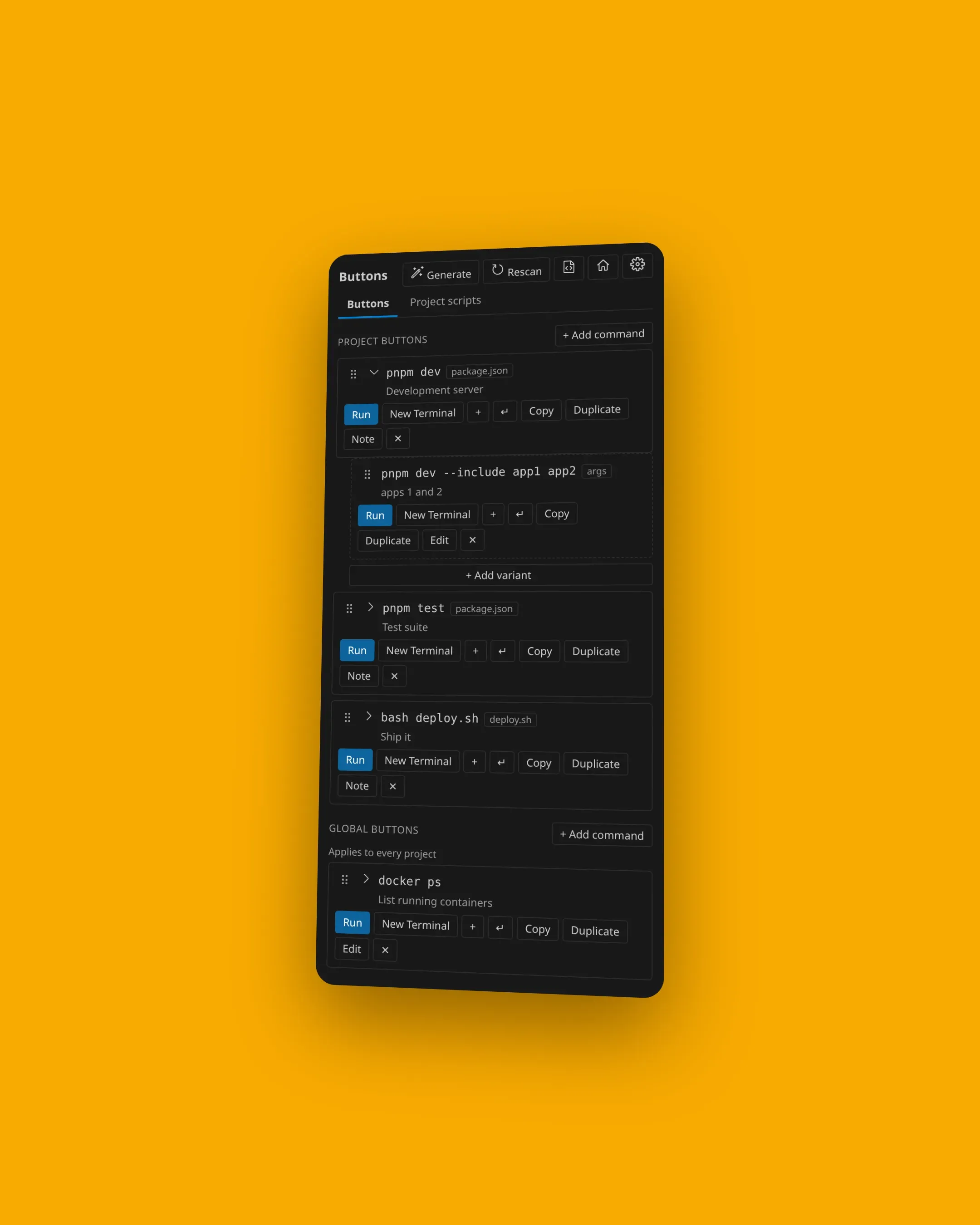 Buttons in the compact Activity Bar view, with pnpm dev expanded to an args variant, plus, newline insert, Duplicate, and a global docker ps command.