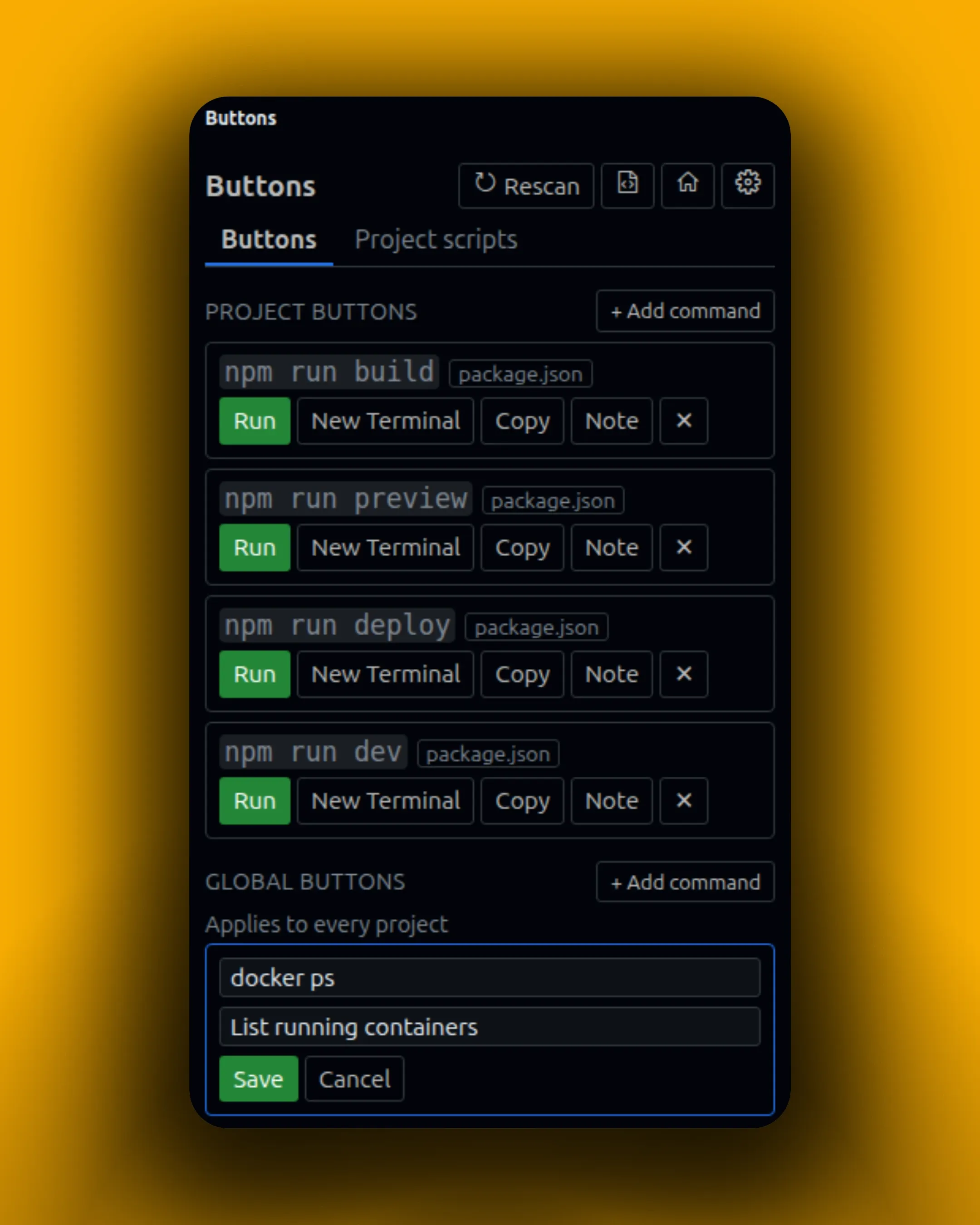 Buttons in the compact Activity Bar view, with project commands and a global docker ps command being added.