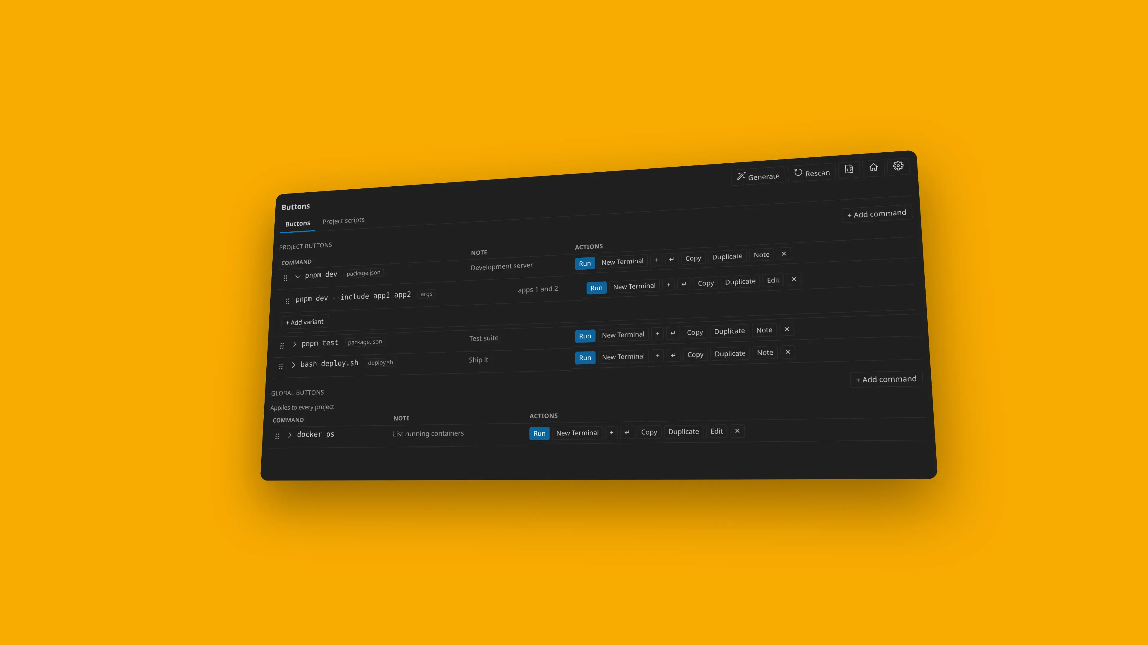 Buttons opened as a full-width editor panel showing project commands, an args variant, plus and newline insert, Duplicate, and a global docker ps command.