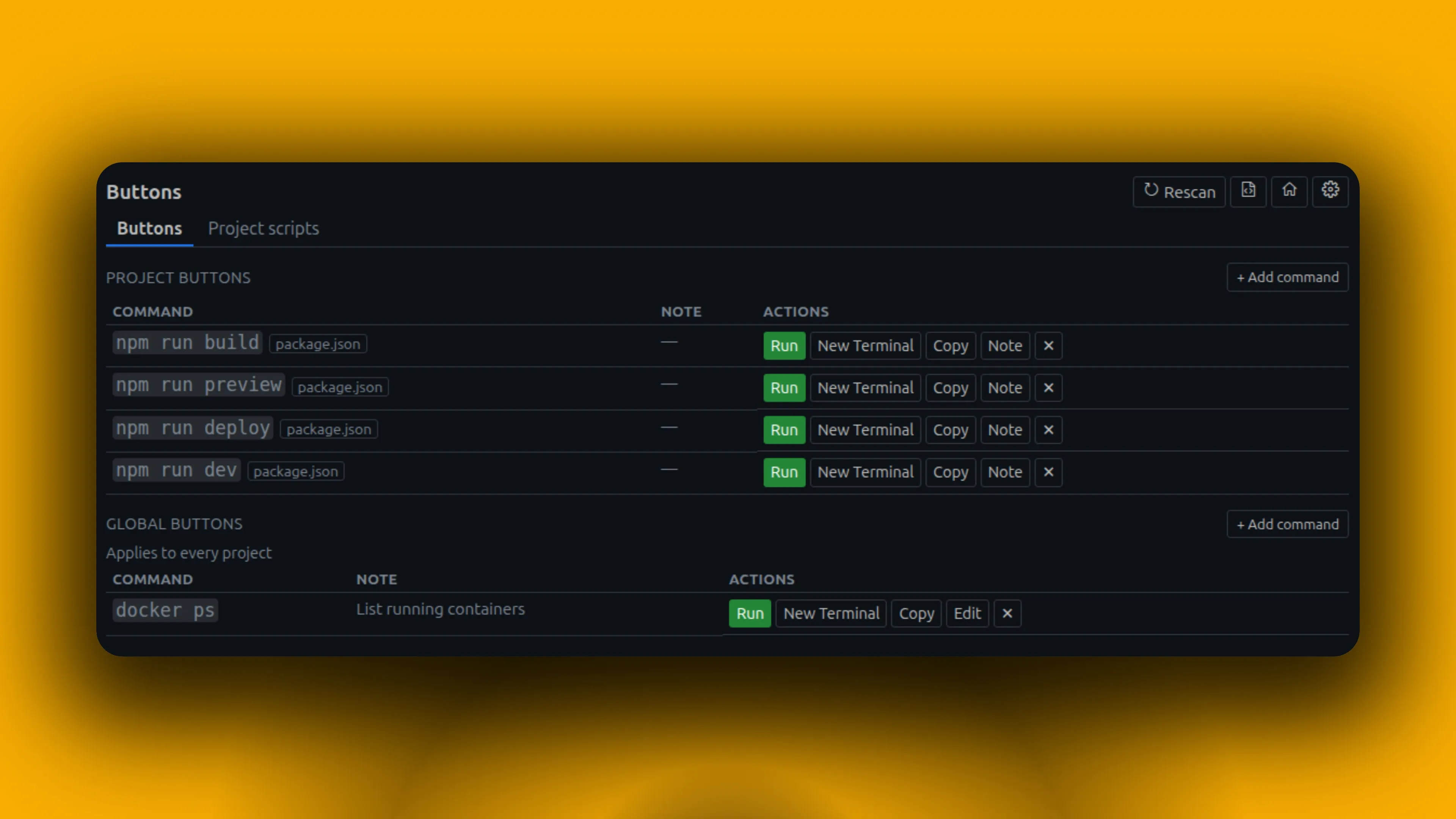Buttons opened as a full-width editor panel showing project commands from package.json and a global docker ps command.