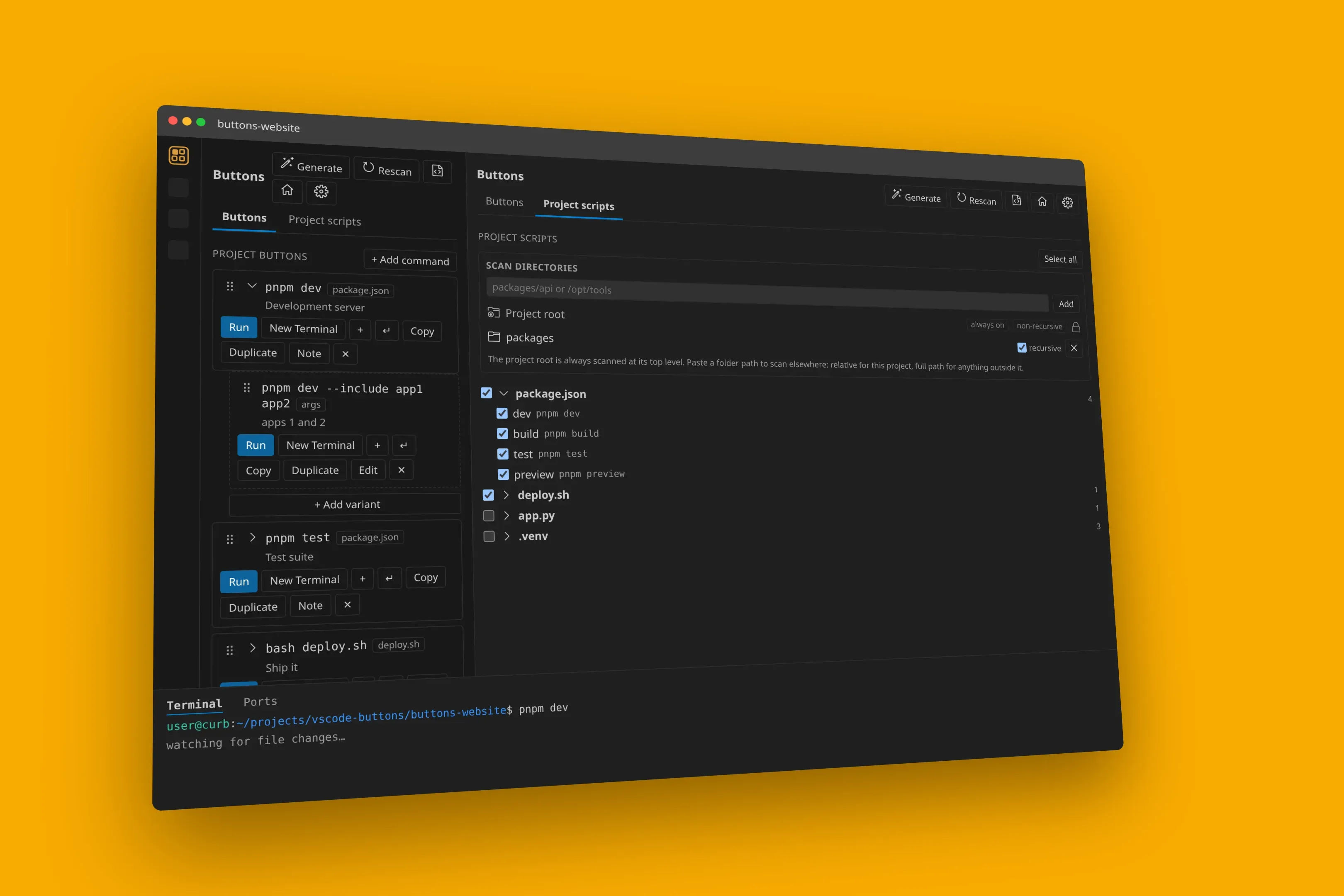 VS Code with the Buttons sidebar showing command variants and the Project scripts panel open, plus a Buttons: dev terminal.