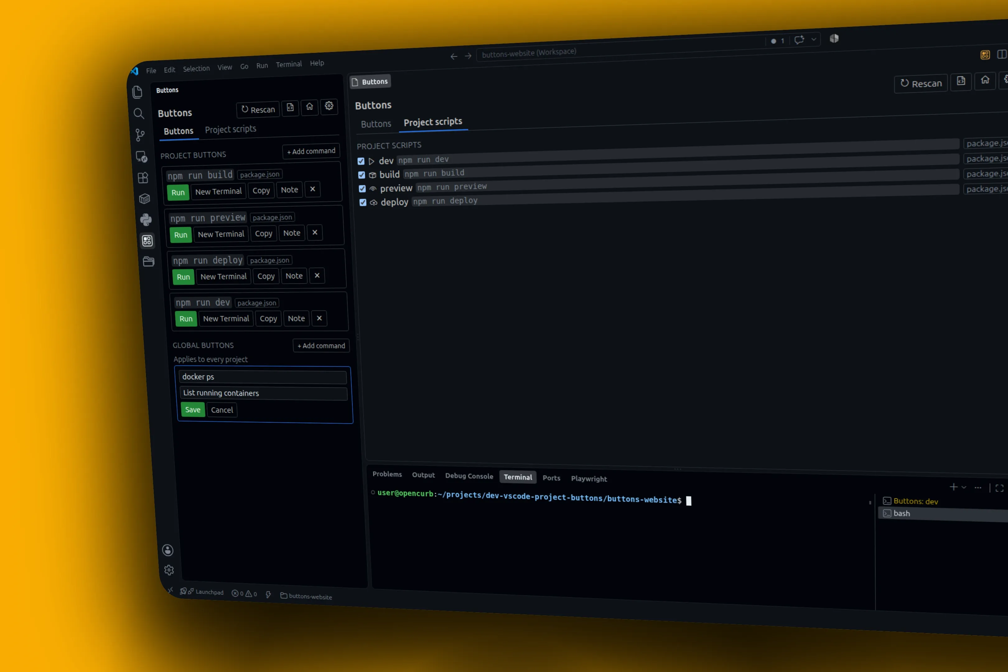 VS Code with Buttons in the Activity Bar sidebar and the Project scripts panel open, plus a Buttons: dev terminal.