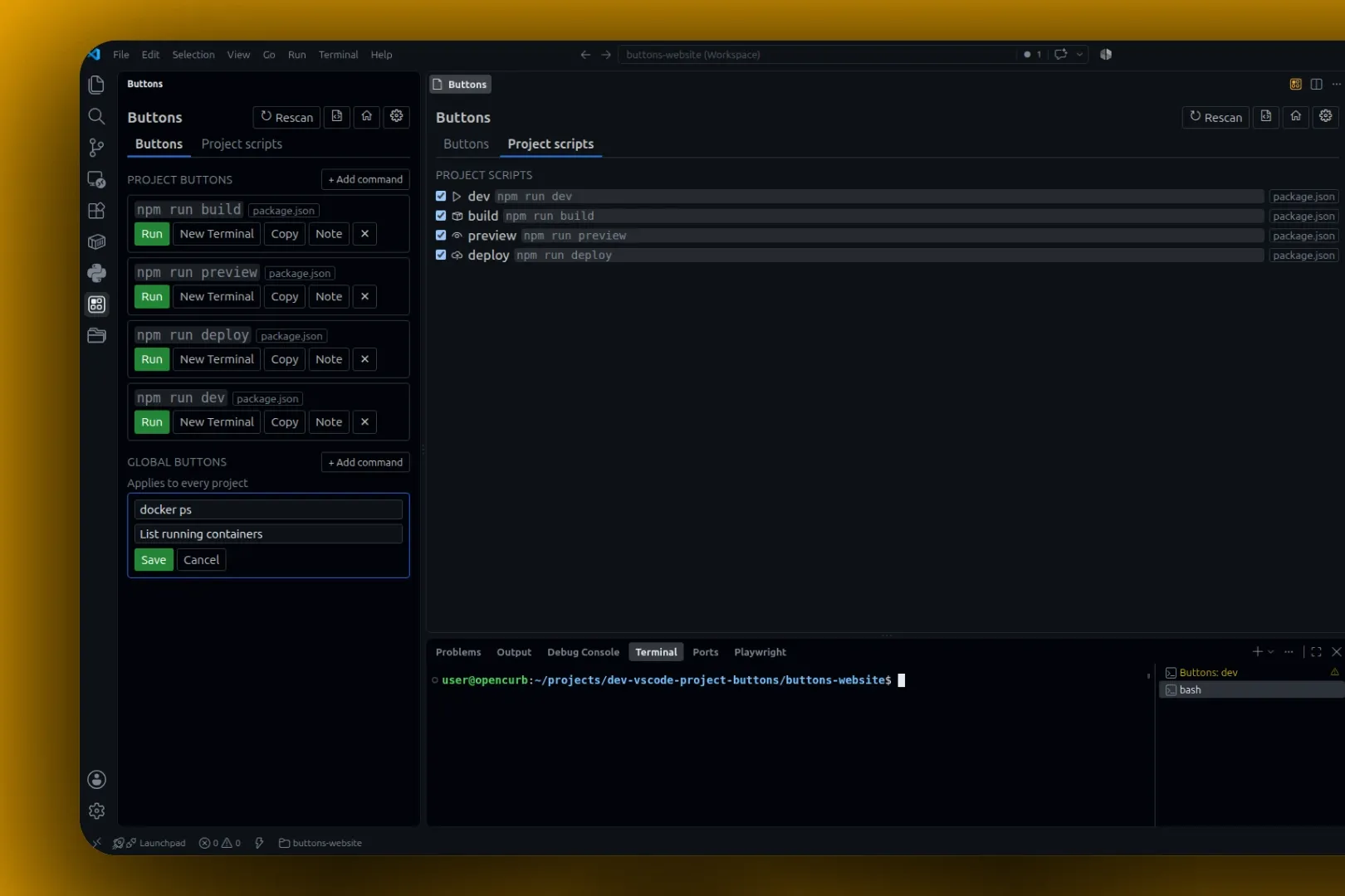 VS Code with the Buttons sidebar listing npm scripts, the Project scripts panel open, and a Buttons: dev terminal.