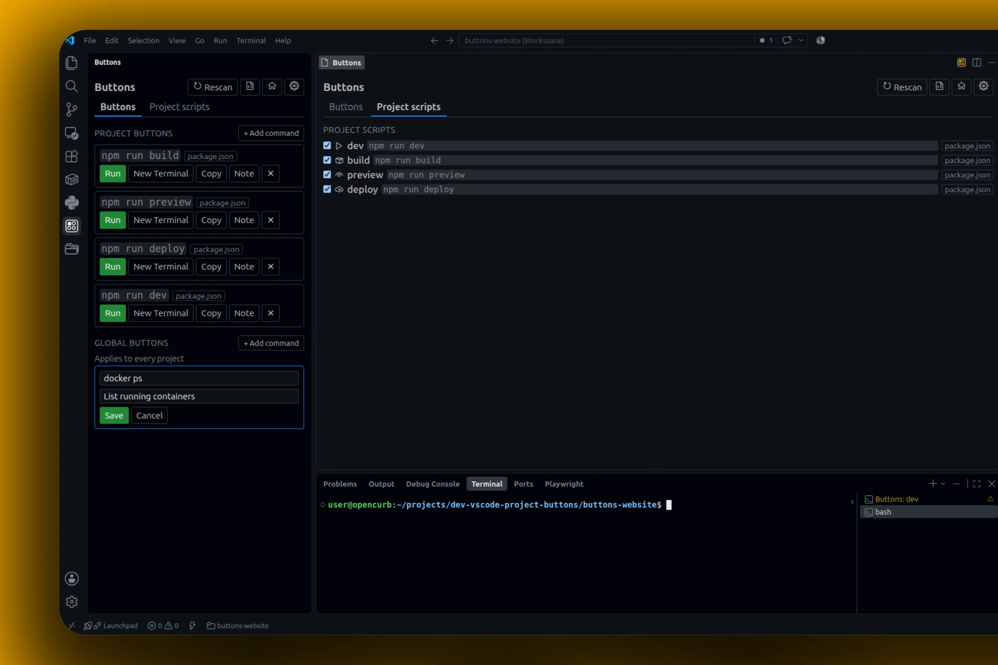 The Buttons sidebar and Project scripts panel open together in a VS Code workspace, with a Buttons: dev terminal below.