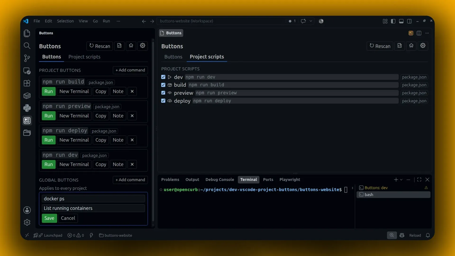 Buttons in VS Code switching between the Project scripts list and the full Buttons command table.
